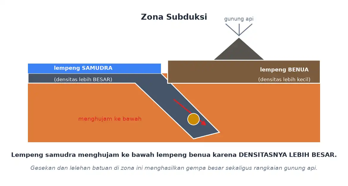 Lempeng samudra menghujam ke bawah lempeng benua membentuk zona subduksi