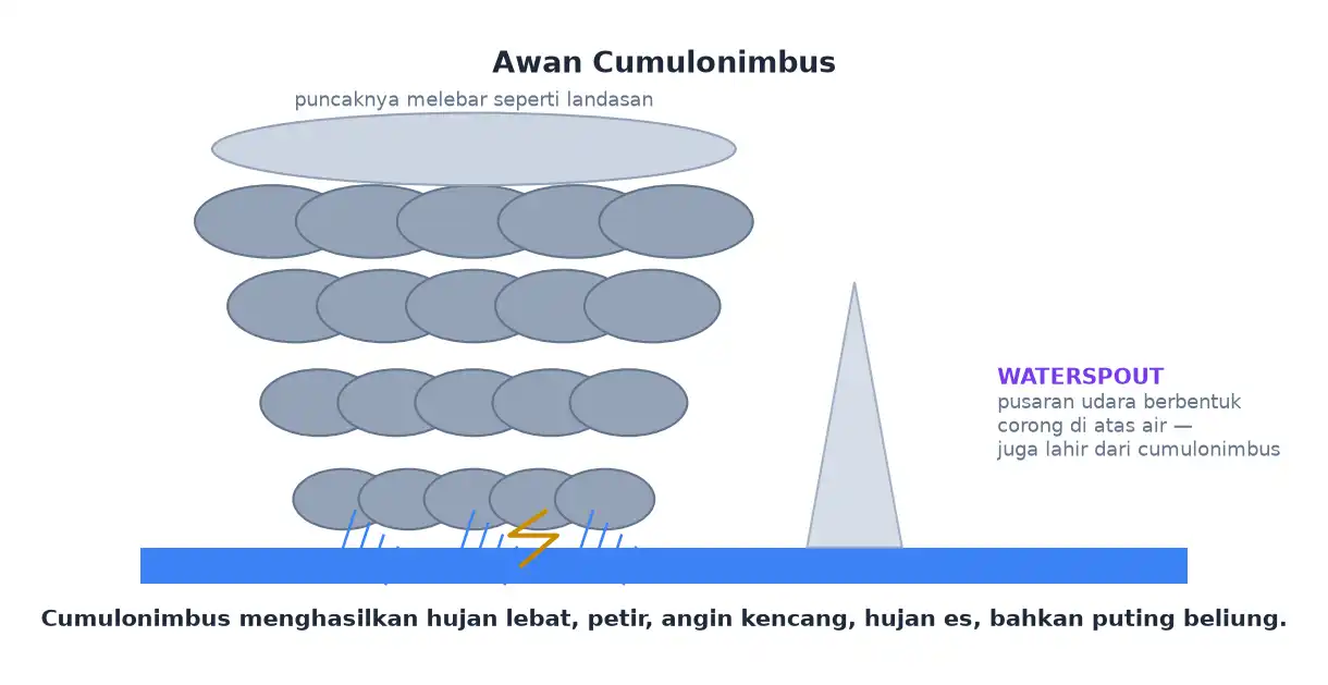 Awan cumulonimbus menjulang tinggi menimbulkan hujan lebat petir dan waterspout