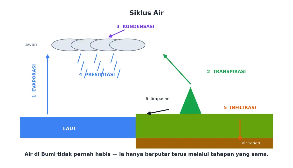 Siklus air dengan tahapan evaporasi transpirasi kondensasi presipitasi dan infiltrasi