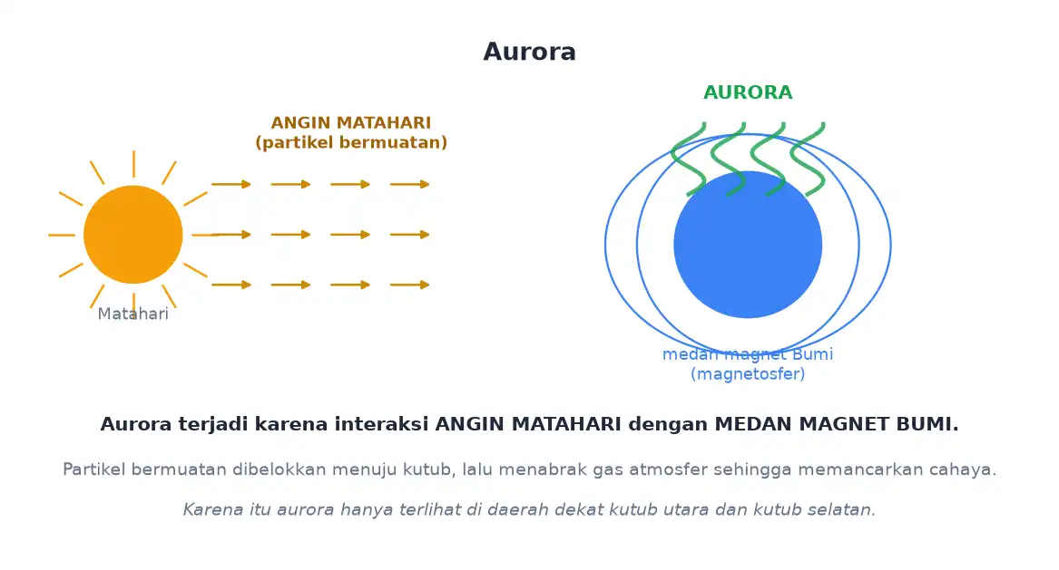 Aurora terbentuk dari interaksi angin matahari dengan medan magnet bumi