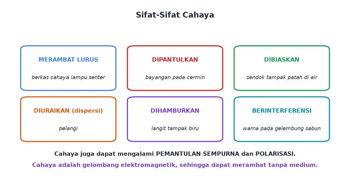 Enam sifat cahaya yaitu merambat lurus dipantulkan dibiaskan diuraikan dihamburkan dan berinterferensi