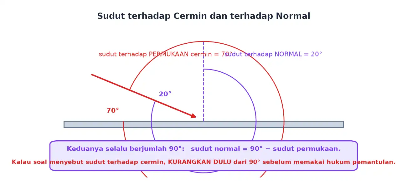 Perbedaan sudut yang diukur terhadap permukaan cermin dan terhadap garis normal