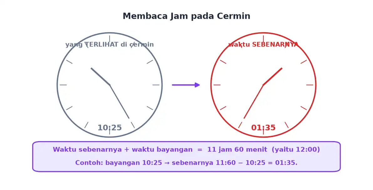 Jam dinding yang terlihat di cermin dan waktu sebenarnya
