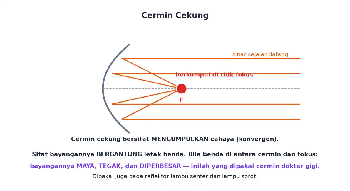 Cermin cekung mengumpulkan sinar sejajar pada titik fokus