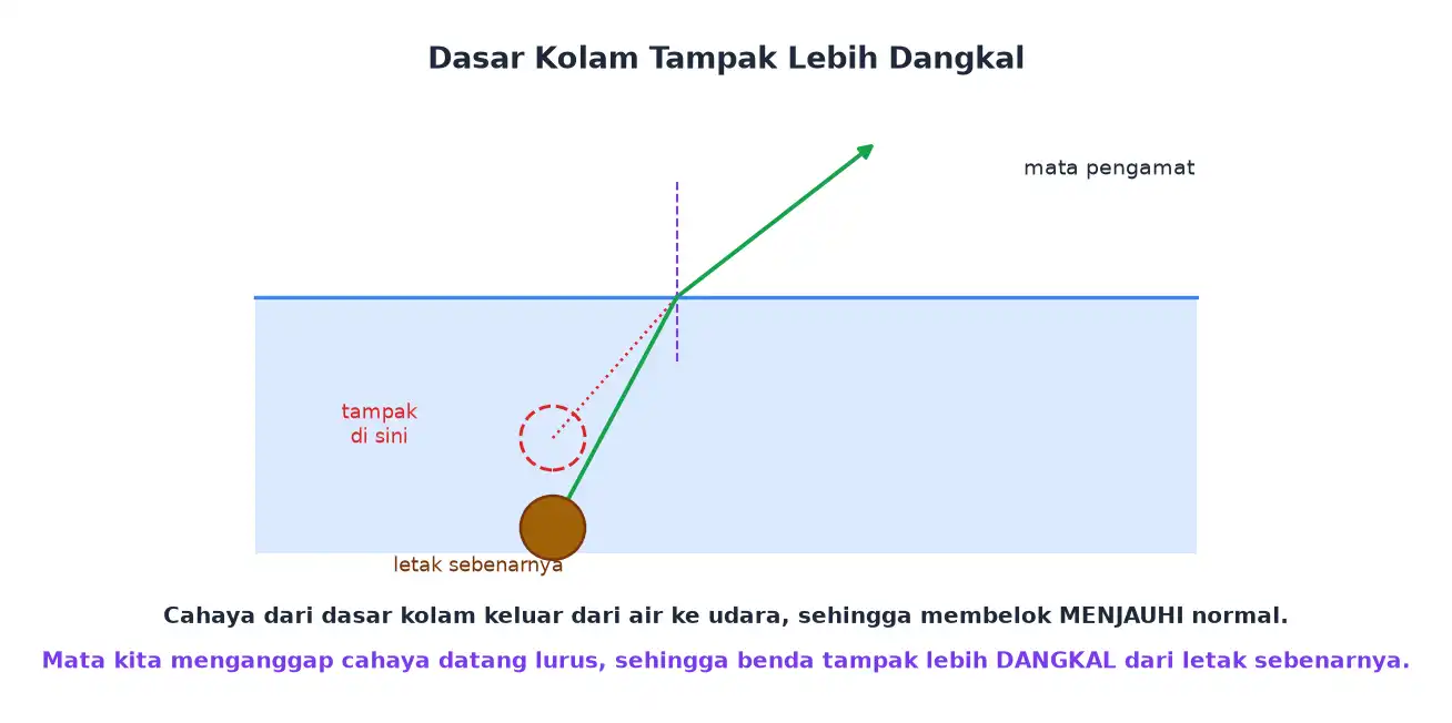 Cahaya dari dasar kolam membelok saat keluar ke udara sehingga dasar tampak lebih dangkal