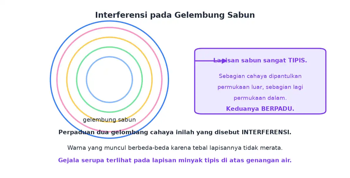 Warna-warni pada gelembung sabun akibat interferensi cahaya pada lapisan tipis