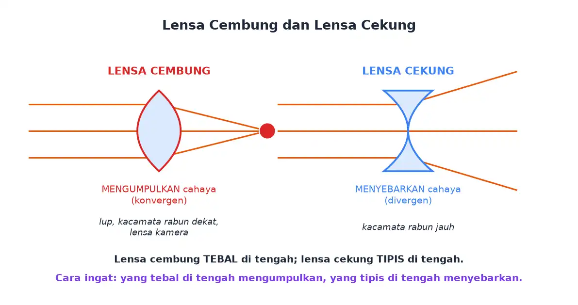 Lensa cembung mengumpulkan sinar sedangkan lensa cekung menyebarkan sinar