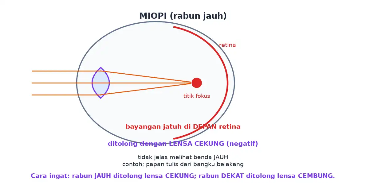 Pada mata miopi bayangan jatuh di depan retina dan dibetulkan dengan lensa cekung