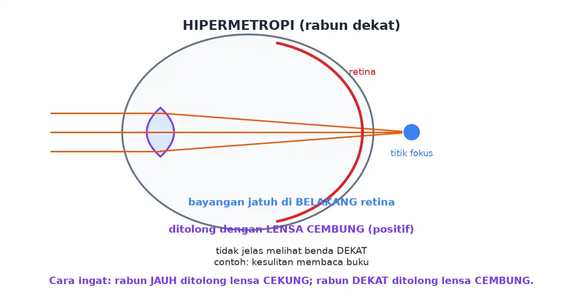 Pada mata hipermetropi bayangan jatuh di belakang retina dan dibetulkan dengan lensa cembung