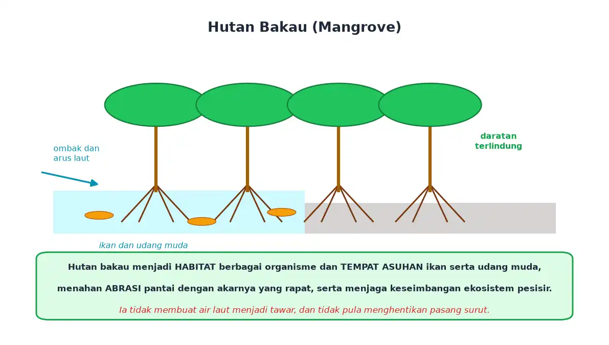 Hutan bakau dengan akar rapat sebagai tempat asuhan ikan dan penahan abrasi