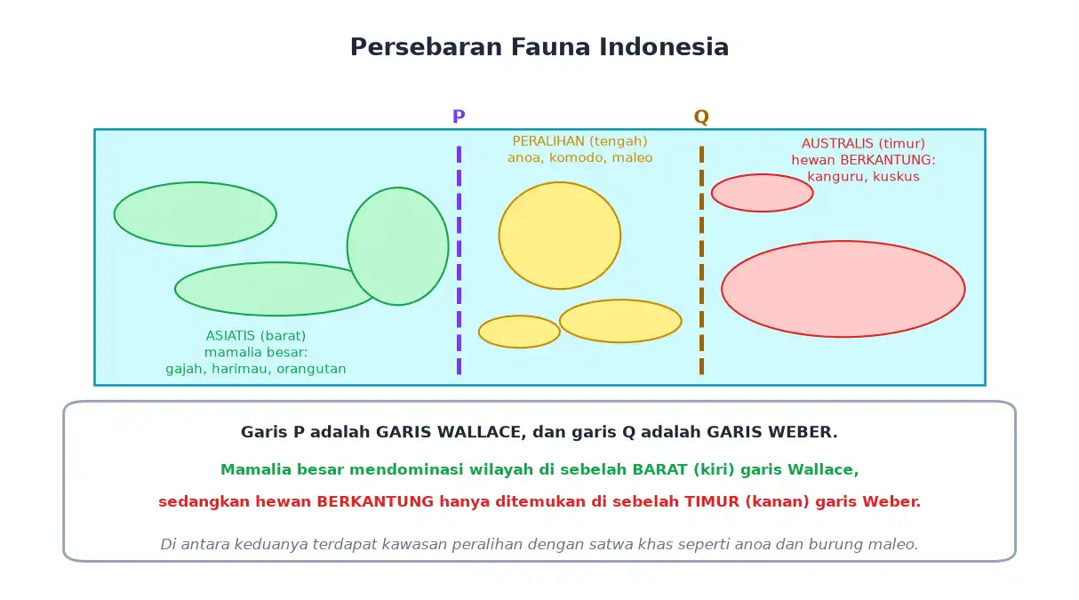 Peta kawasan asiatis peralihan dan australis dipisahkan garis Wallace dan Weber