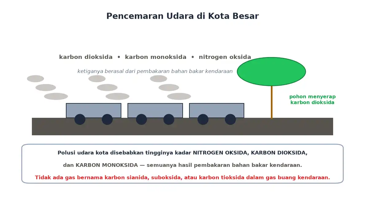 Kendaraan mengeluarkan asap dan pohon menyerap karbon dioksida