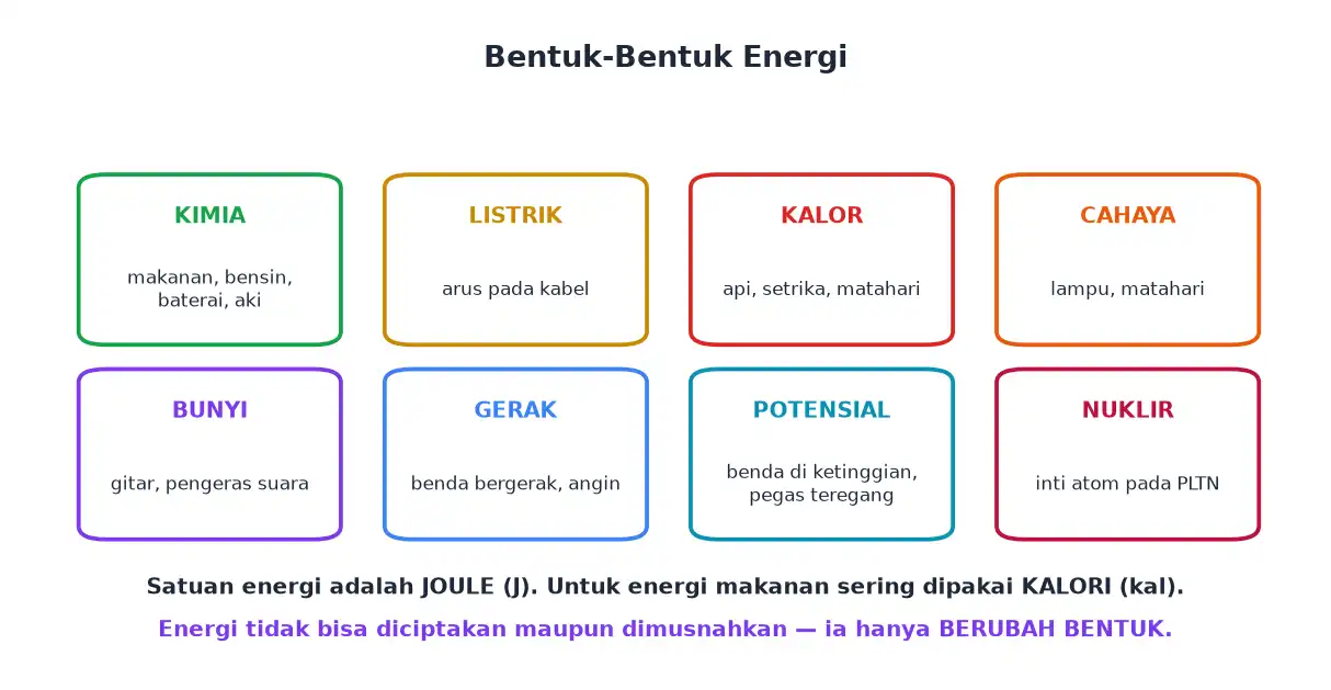Delapan bentuk energi yaitu kimia listrik kalor cahaya bunyi gerak potensial dan nuklir