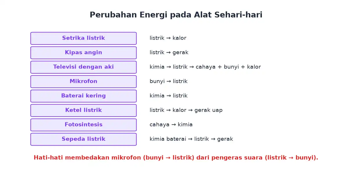 Daftar perubahan energi pada setrika kipas televisi mikrofon baterai ketel fotosintesis dan sepeda listrik