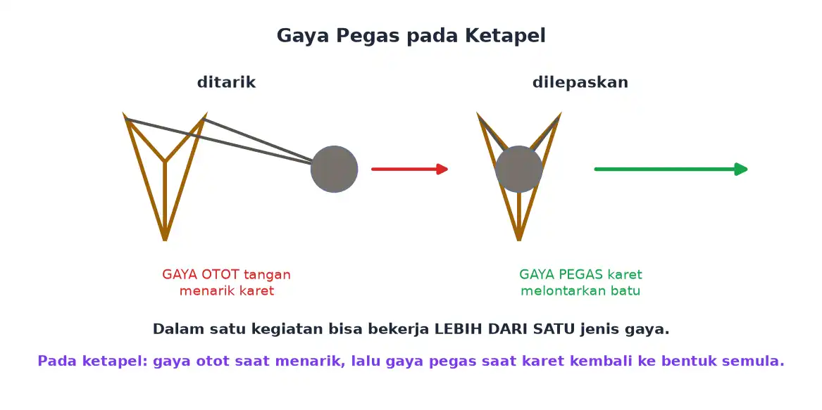 Ketapel saat ditarik memakai gaya otot dan saat dilepaskan memakai gaya pegas