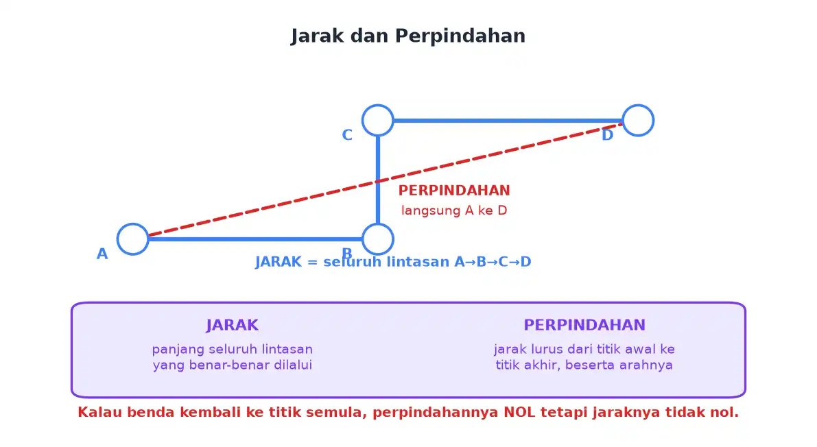 Lintasan A ke B ke C ke D sebagai jarak dan garis lurus A ke D sebagai perpindahan