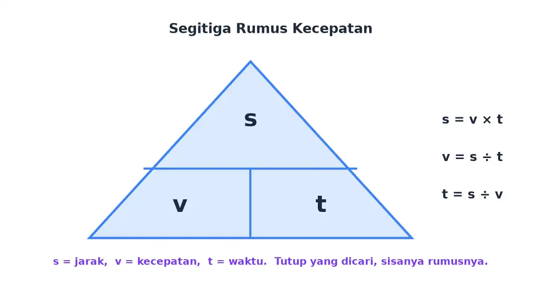 Segitiga bantu rumus kecepatan dengan jarak di atas serta kecepatan dan waktu di bawah