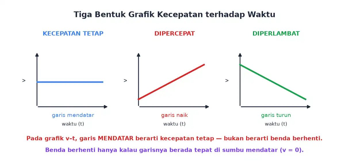 Tiga bentuk grafik kecepatan terhadap waktu yaitu mendatar naik dan turun