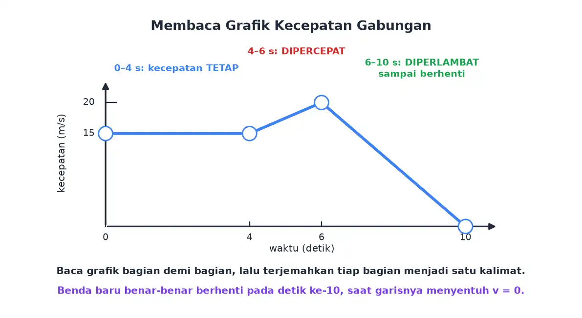 Grafik kecepatan terhadap waktu dengan bagian mendatar naik dan turun sampai berhenti