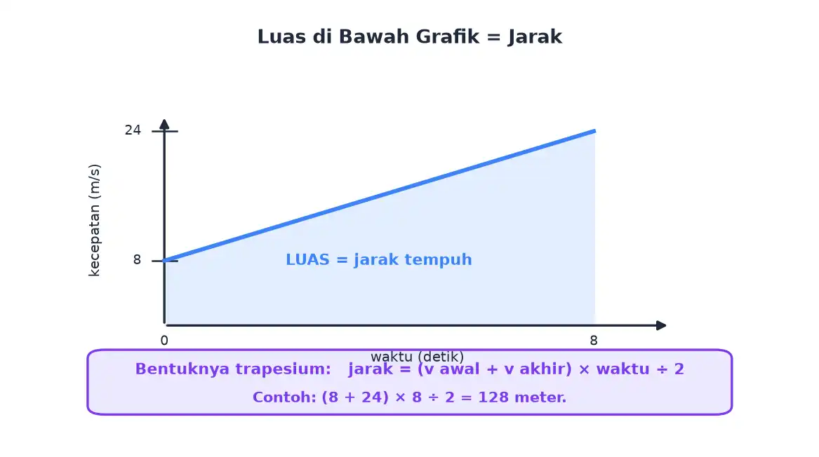 Luas daerah di bawah grafik kecepatan terhadap waktu berbentuk trapesium yang menyatakan jarak