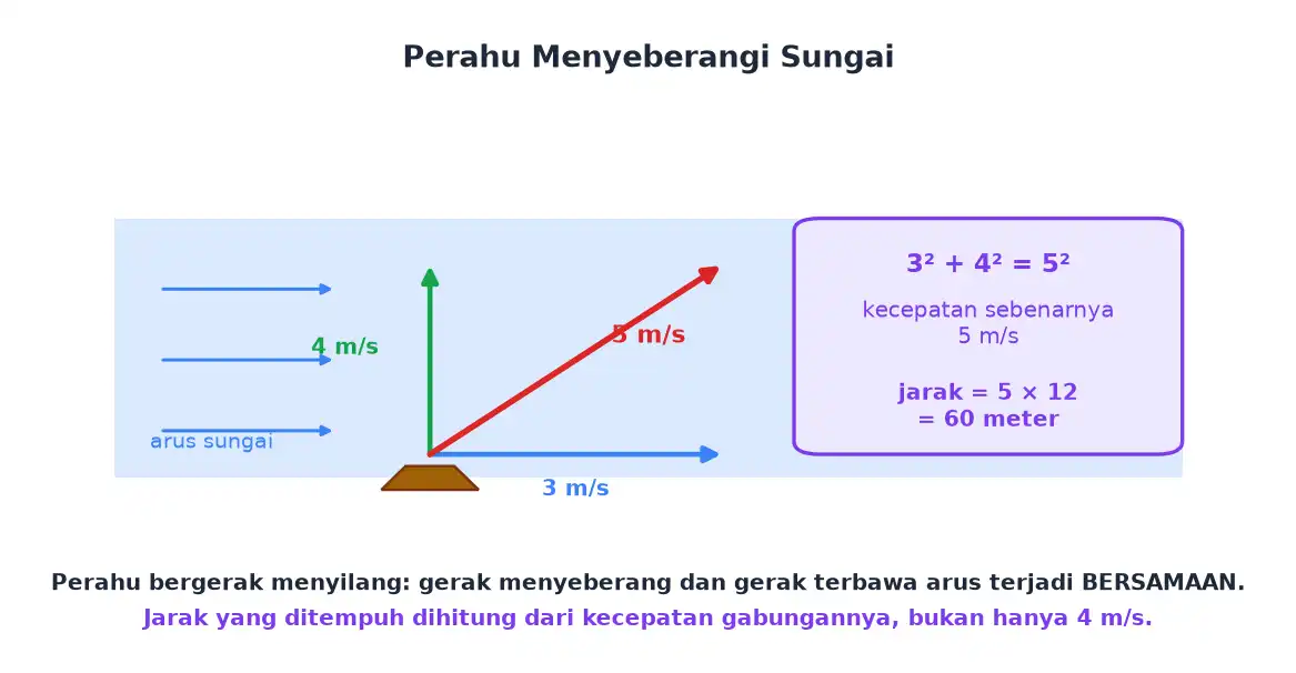 Perahu menyeberang tegak lurus arus sungai menghasilkan lintasan menyilang