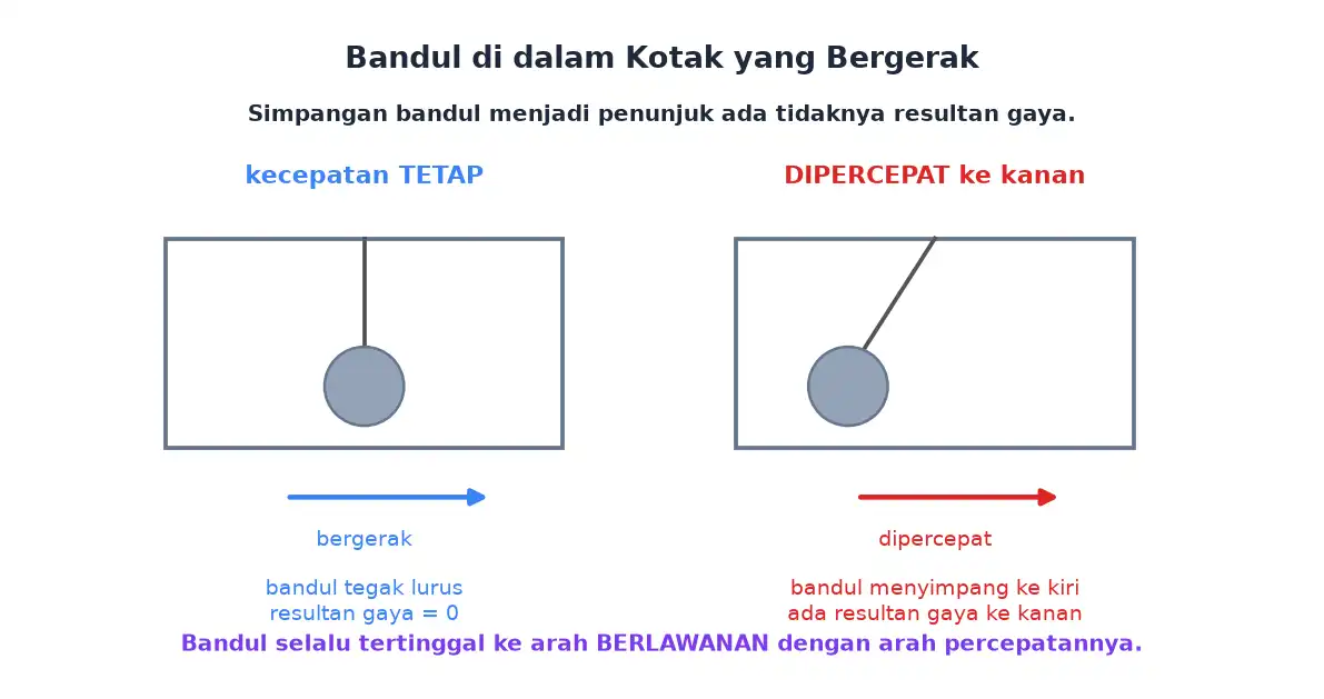 Bandul tegak lurus saat kotak bergerak tetap dan menyimpang saat kotak dipercepat