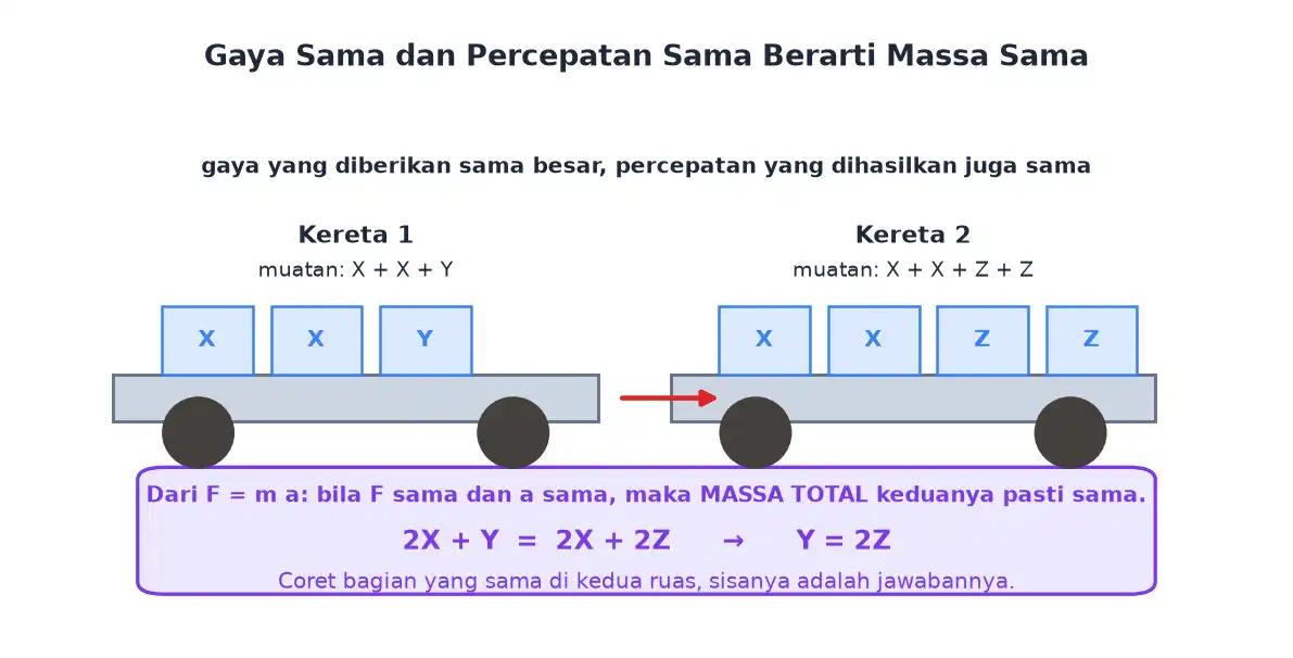 Dua kereta dengan gaya sama tetapi massa berbeda menghasilkan percepatan berbeda