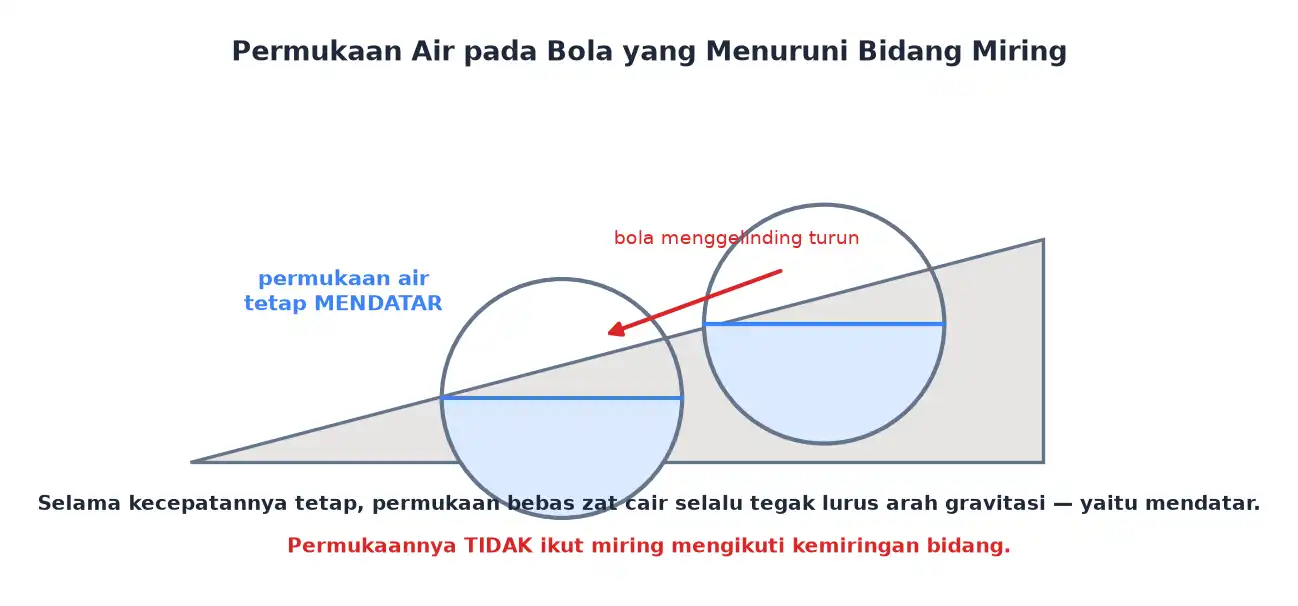 Bola berisi air menggelinding di bidang miring dengan permukaan air yang tetap mendatar