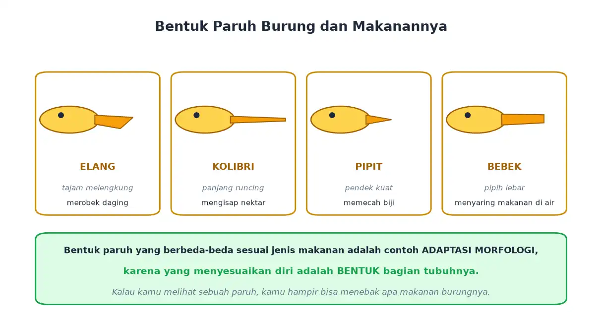 Empat bentuk paruh burung elang kolibri pipit dan bebek sesuai makanannya