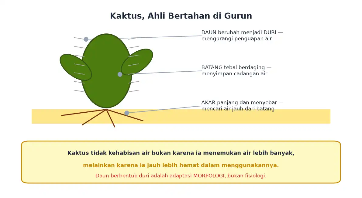 Kaktus dengan daun berbentuk duri batang tebal dan akar panjang menyebar