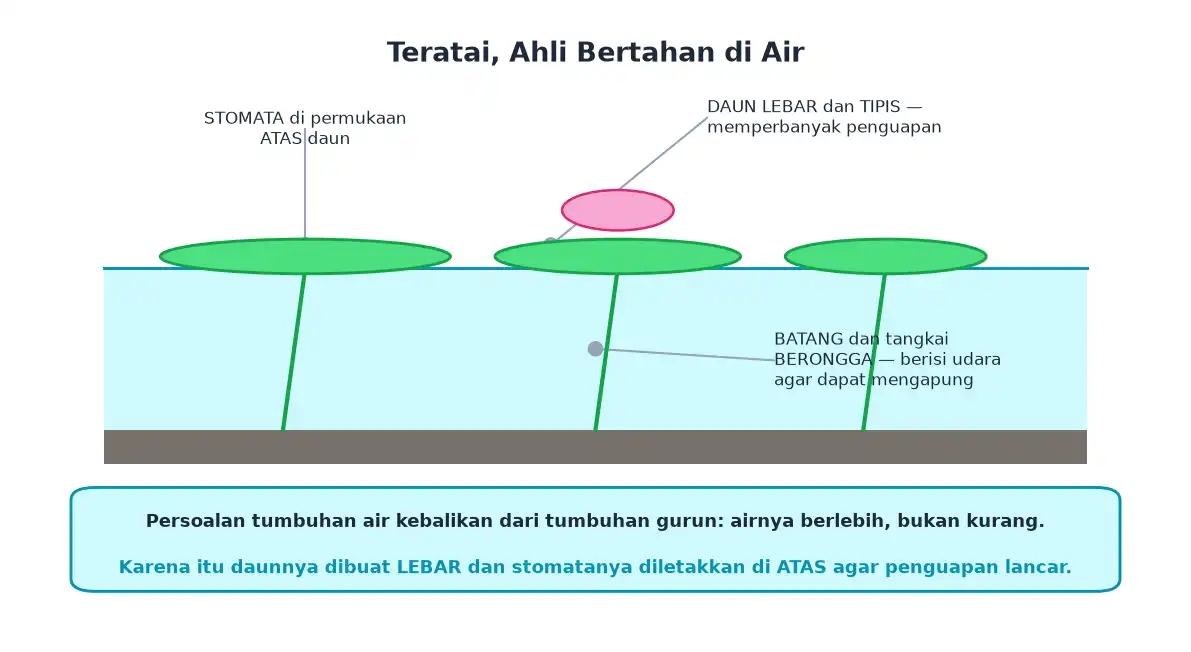 Teratai dengan daun lebar tipis stomata di atas dan batang berongga