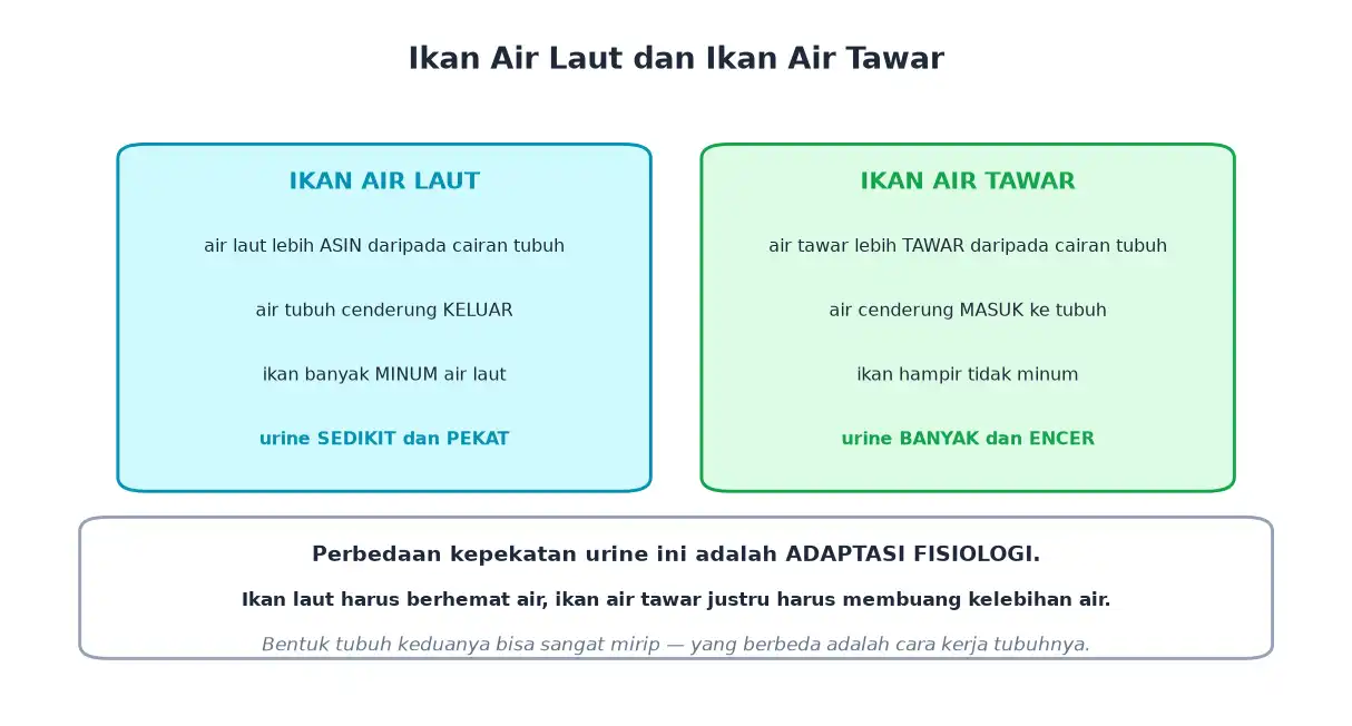 Perbandingan ikan air laut yang urinenya pekat dengan ikan air tawar yang urinenya encer