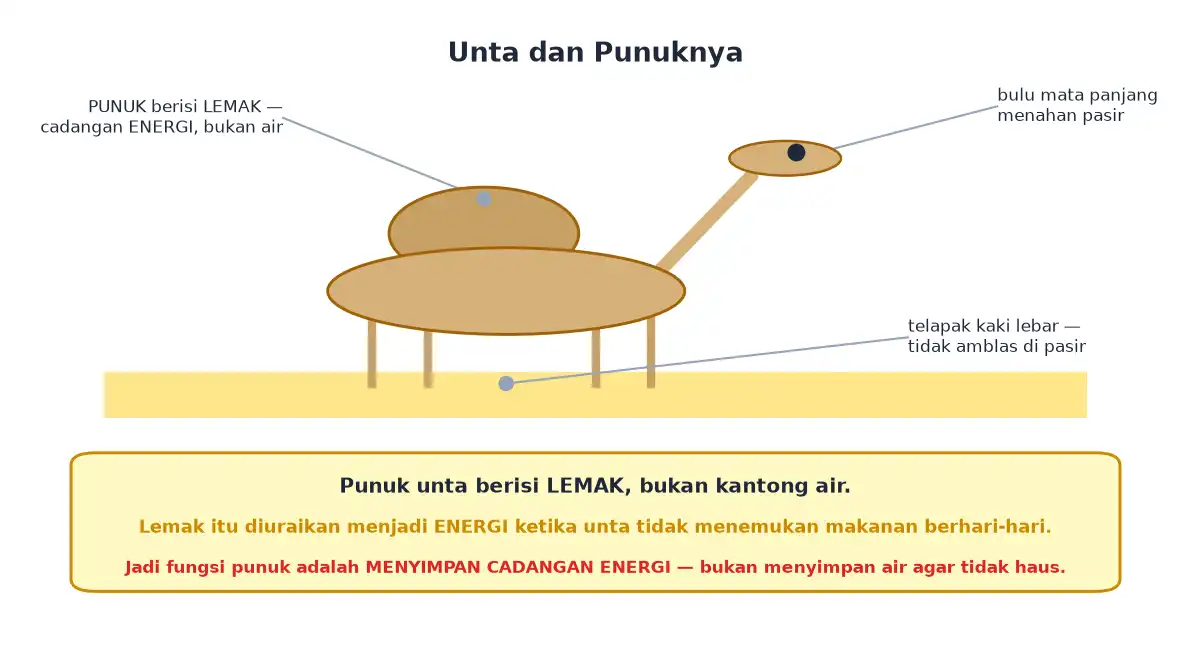 Unta dengan punuk berisi lemak bulu mata panjang dan telapak kaki lebar