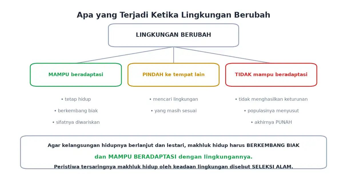 Tiga kemungkinan makhluk hidup ketika lingkungan berubah yaitu beradaptasi pindah atau punah