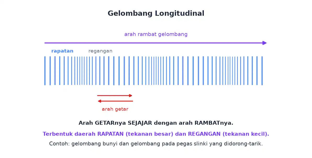Gelombang longitudinal dengan daerah rapatan dan regangan