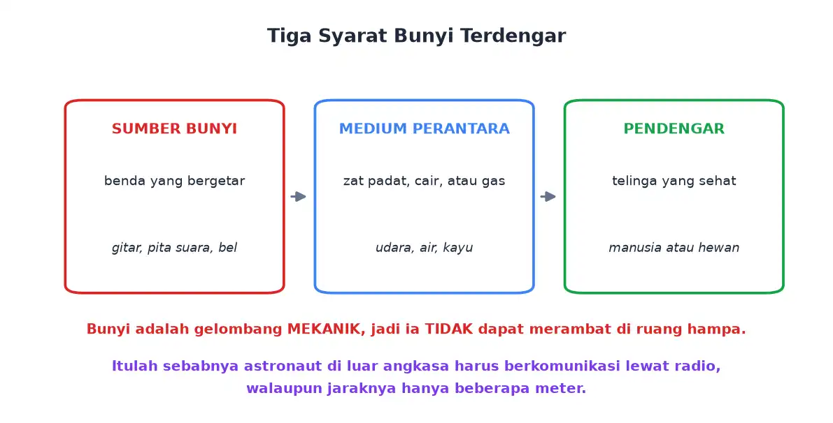 Tiga syarat bunyi terdengar yaitu sumber bunyi medium perantara dan pendengar
