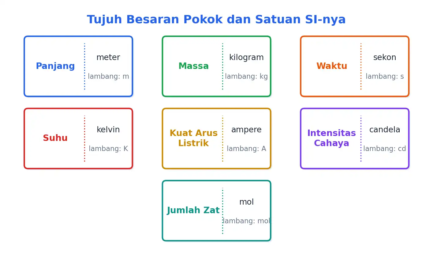 Tujuh besaran pokok beserta satuan SI dan lambangnya