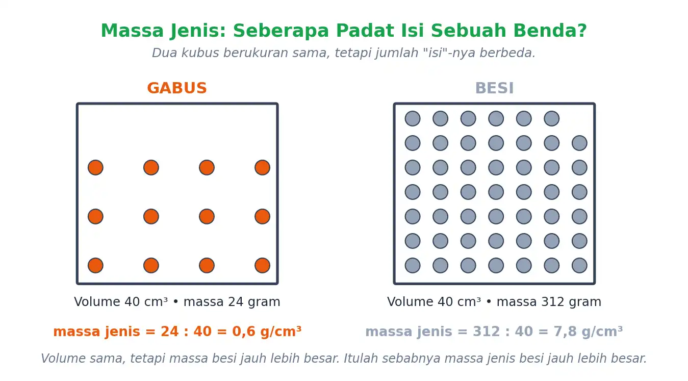 Dua kubus bervolume sama dengan jumlah partikel berbeda untuk menjelaskan massa jenis
