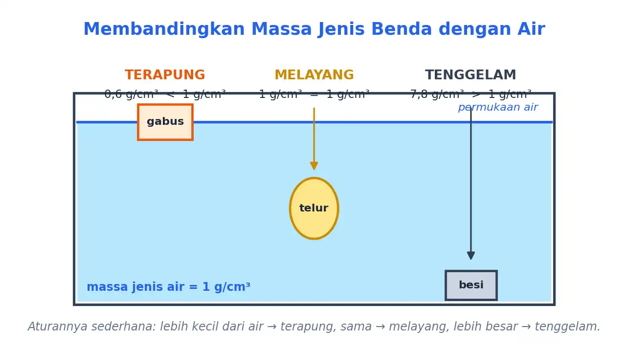 Perbandingan benda terapung, melayang, dan tenggelam berdasarkan massa jenis
