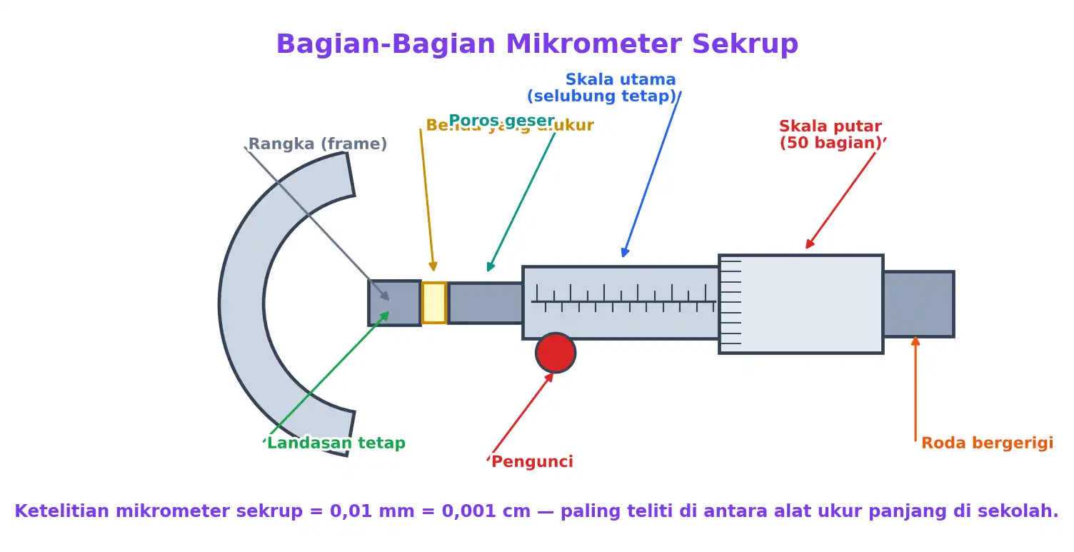 Bagian-bagian mikrometer sekrup: rangka, landasan, poros, skala utama, skala putar, roda bergerigi, pengunci