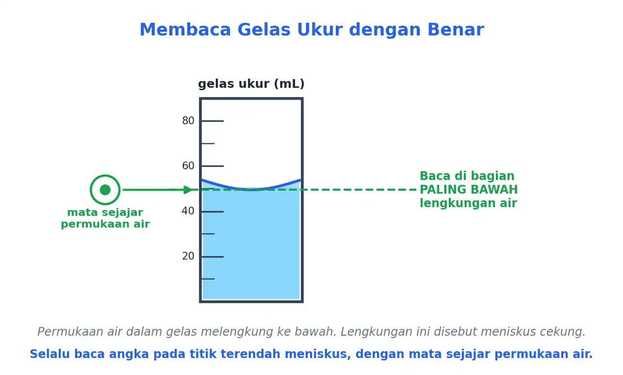 Cara membaca gelas ukur pada titik terendah meniskus cekung