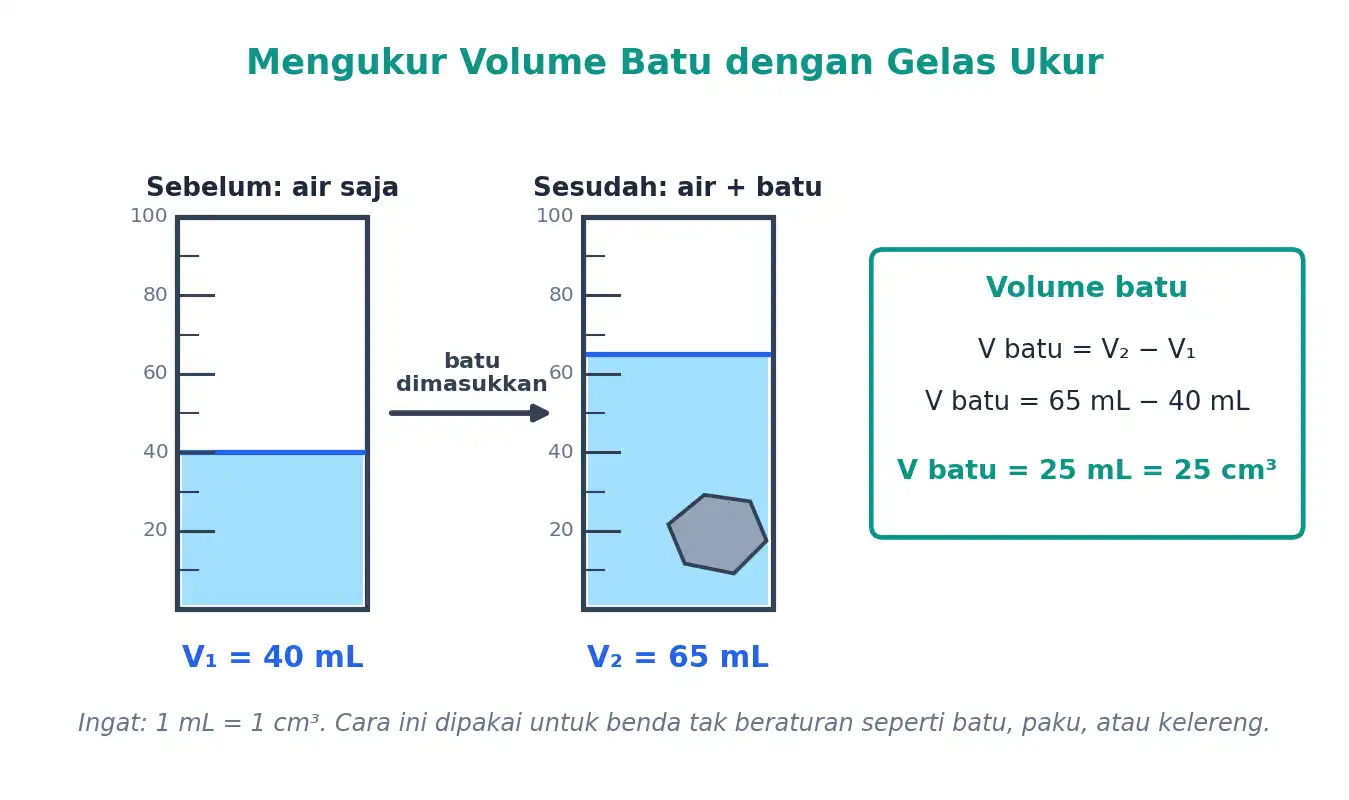 Mengukur volume batu dengan gelas ukur, selisih V2 dikurangi V1