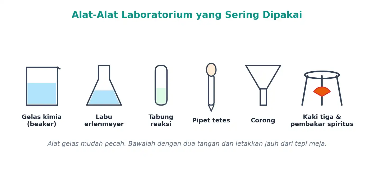 Alat-alat laboratorium: gelas kimia, labu erlenmeyer, tabung reaksi, pipet tetes, corong, kaki tiga