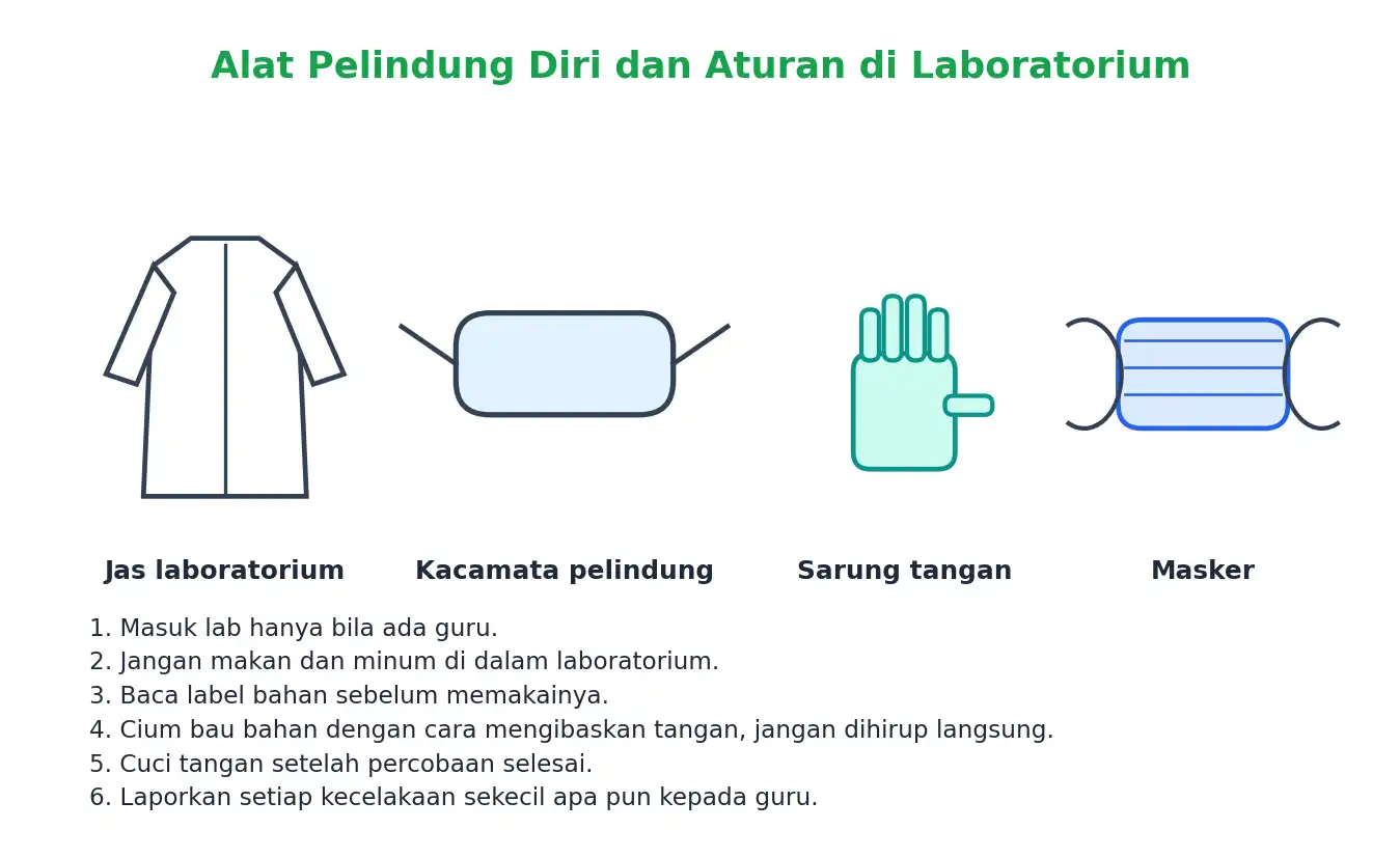 Alat pelindung diri: jas laboratorium, kacamata pelindung, sarung tangan, masker, serta aturan lab
