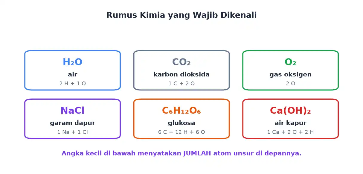 Enam rumus kimia penting yaitu H2O CO2 O2 NaCl C6H12O6 dan Ca(OH)2 beserta susunan atomnya