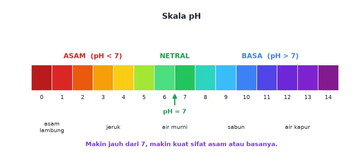 Skala pH dari 0 sampai 14 dengan daerah asam netral dan basa beserta contoh zatnya