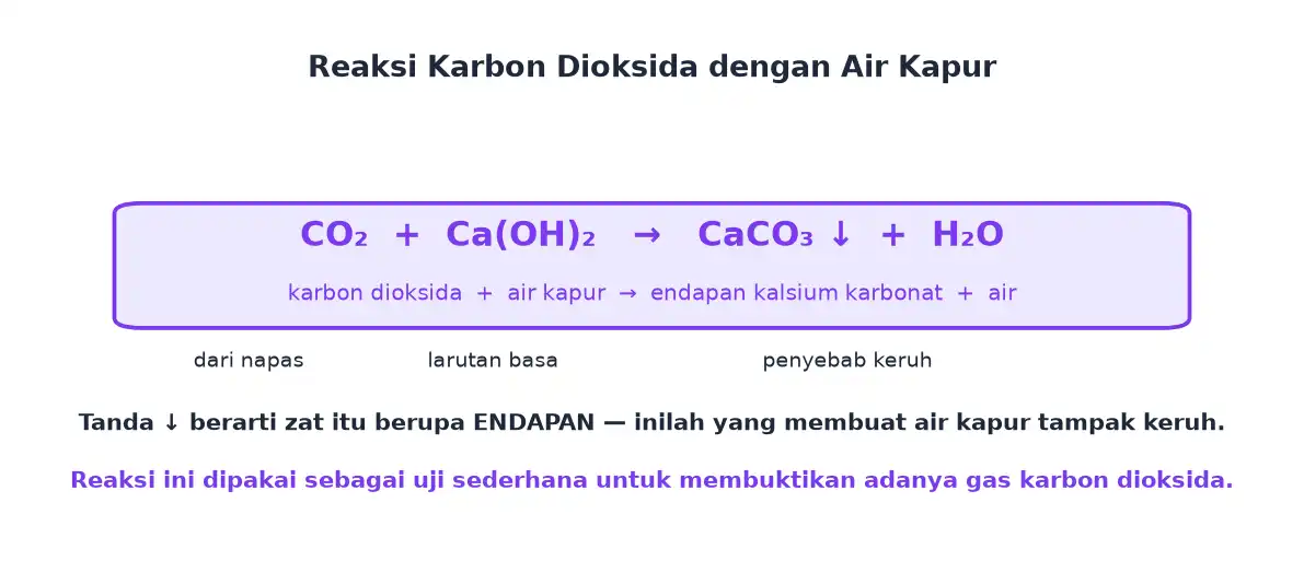 Persamaan reaksi CO2 ditambah Ca(OH)2 menghasilkan endapan CaCO3 dan air