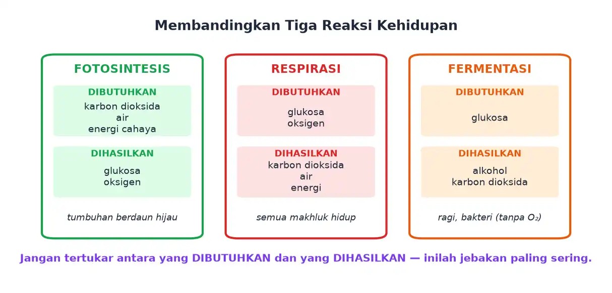 Perbandingan bahan yang dibutuhkan dan dihasilkan pada fotosintesis respirasi dan fermentasi