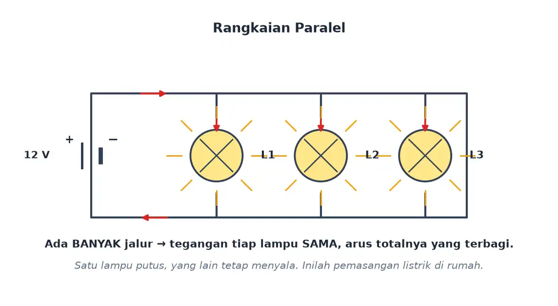 Tiga lampu disusun paralel pada cabang-cabang dengan tegangan yang sama