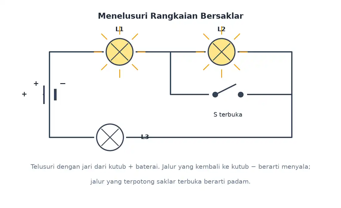 Rangkaian dengan beberapa lampu dan saklar untuk ditelusuri jalur arusnya